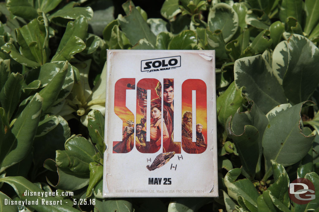 On the way into the park today they were distributing Solo: A Star Wars Story buttons to mark opening day for the new film.