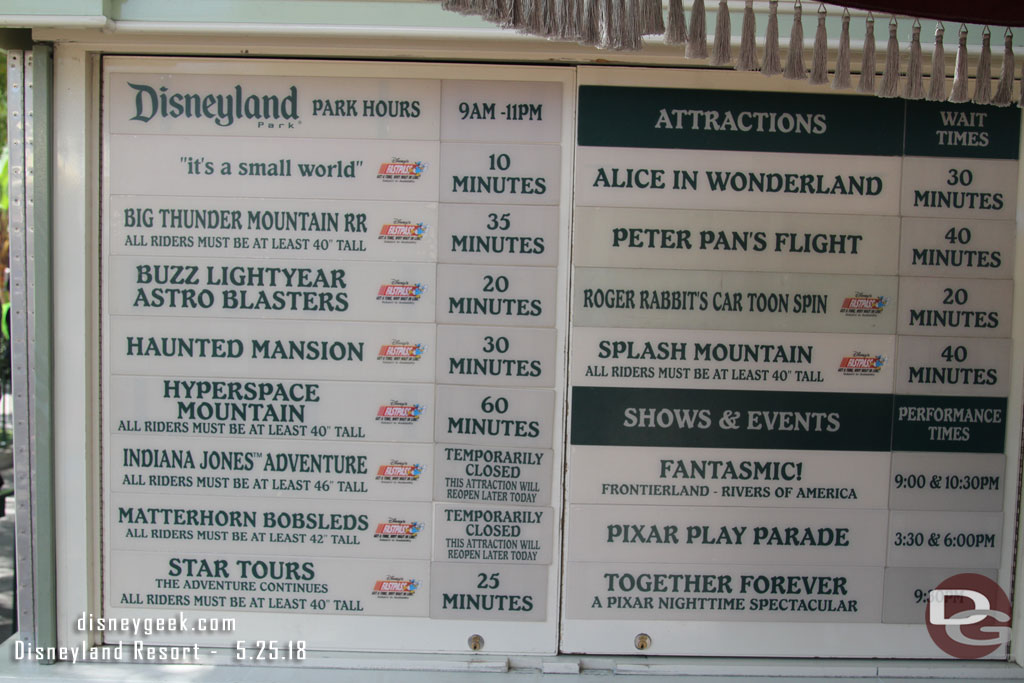 Disneyland wait times just after 2pm