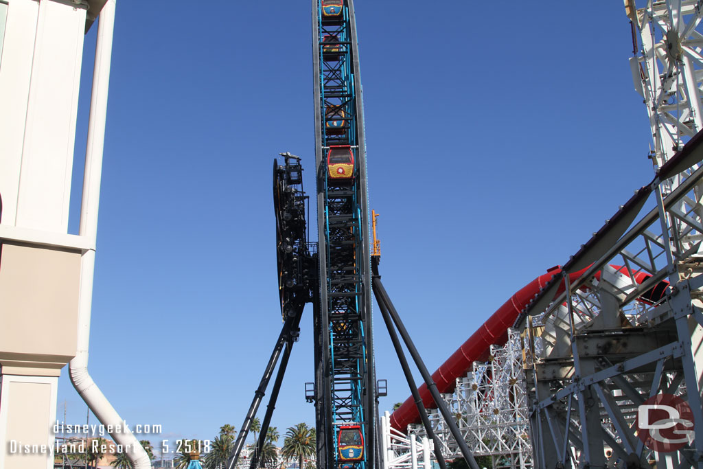 The Fun Wheel transformation is moving along.  The painting looks complete and they are starting to add the gondolas back.