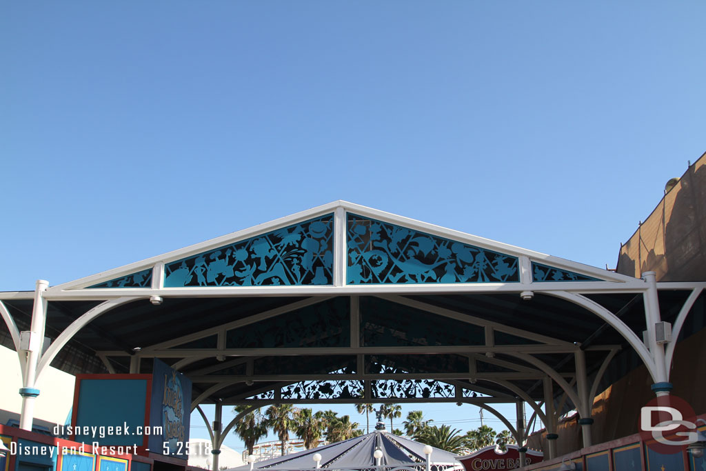 The walkway canopy has Pixar character cutouts on the supports now.  Here is a look at them.