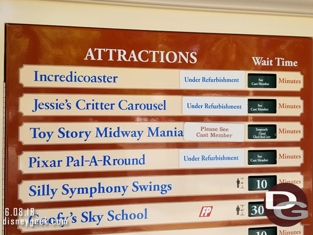 Pixar Pier attractions are now on the board.  Found it interesting the Critter Carousel is there since it is not opening in this phase.  Also seems it should say the opening date not under refurbishment for them.   Lastly a note on Toy Story. No FastPass and it did not open until 6pm today due to the work on the Pier.