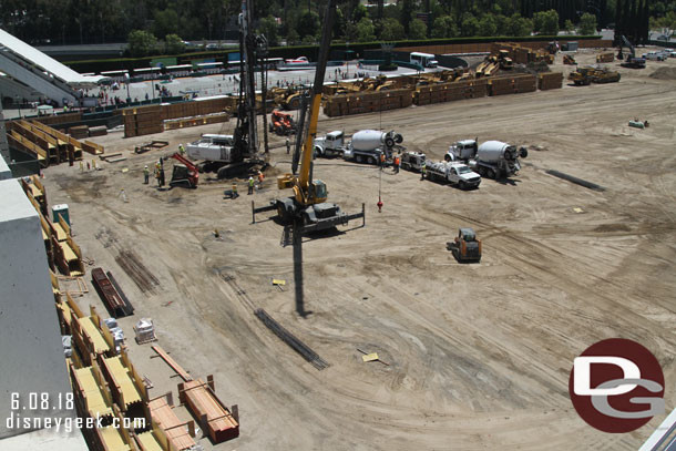 Toward the tram stop they are drilling holes for more support columns.