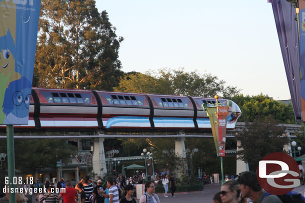 Monorail Red returning to the park, no guests on board.