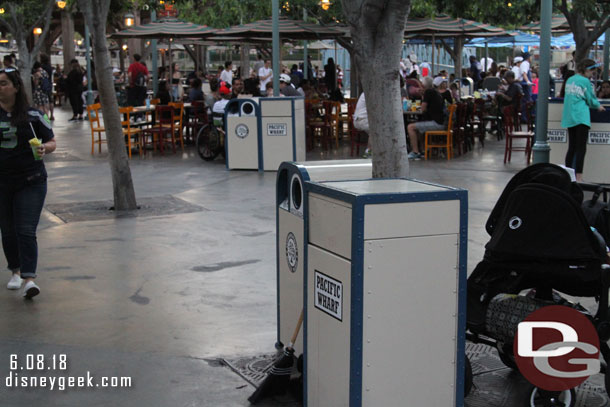 Liquid and recycling options at many trash can locations in the Wharf