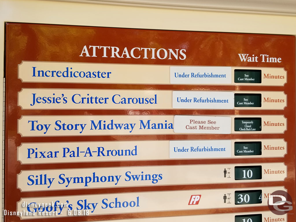 Pixar Pier attractions are now on the board.  Found it interesting the Critter Carousel is there since it is not opening in this phase.  Also seems it should say the opening date not under refurbishment for them.   Lastly a note on Toy Story. No FastPass and it did not open until 6pm today due to the work on the Pier.