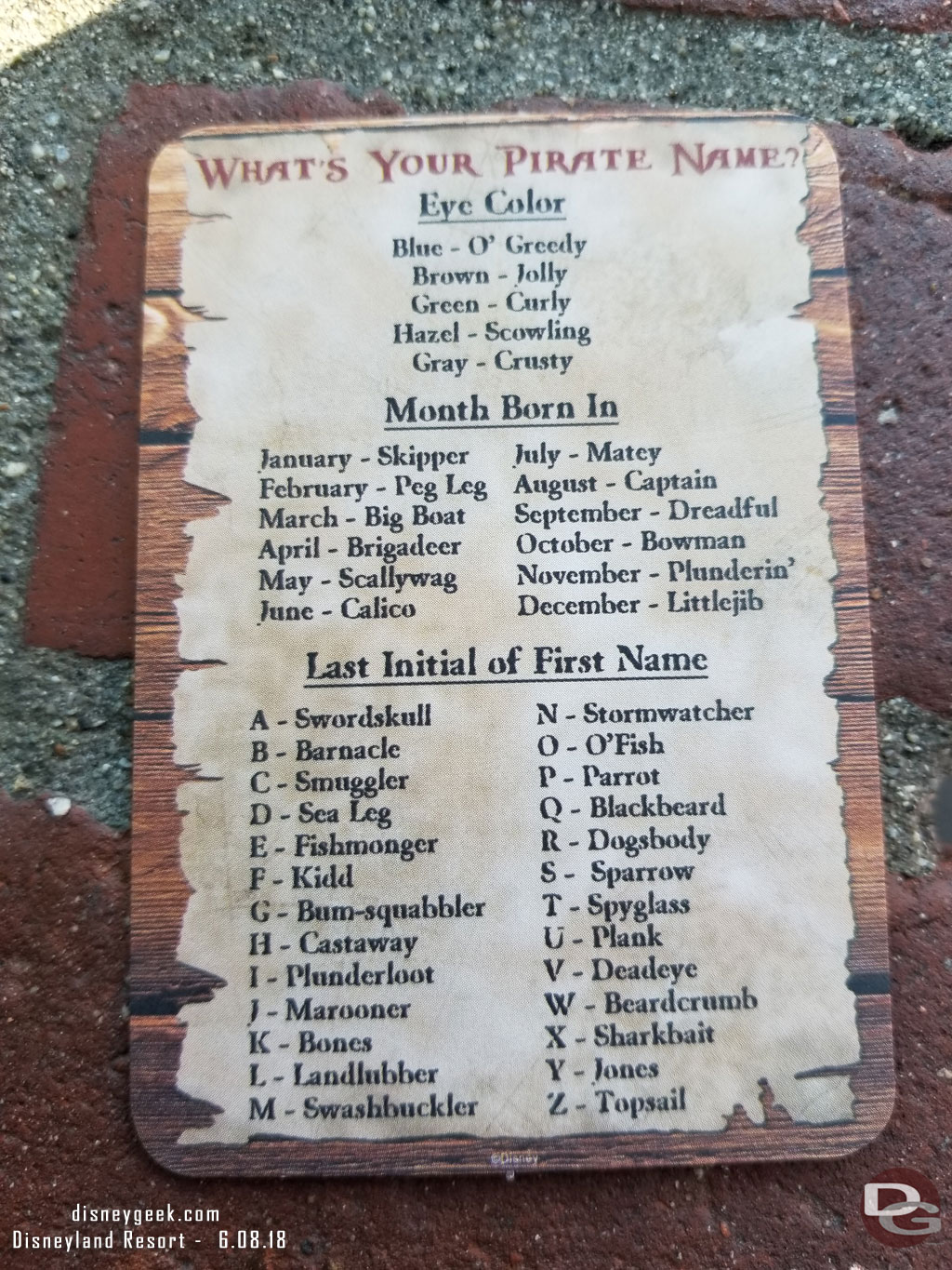 The back side had instructions to determine your pirate name.