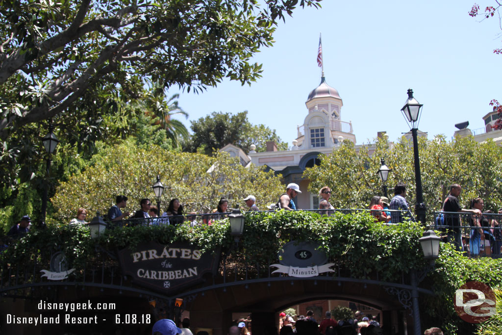 Posted 45 minute wait for Pirates of the Caribbean which returned from renovation this morning. Cast members were saying it was closer to an hour at the queue entrance.