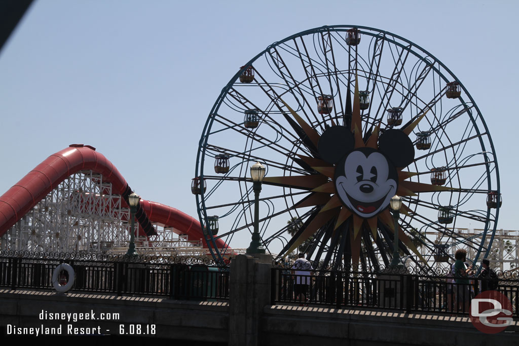 All the gondolas have returned to the wheel.