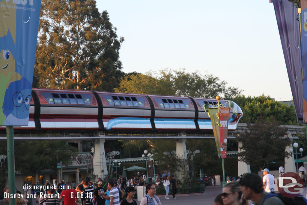 Monorail Red returning to the park, no guests on board.