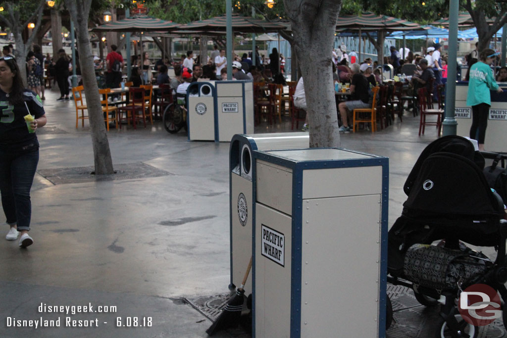 Liquid and recycling options at many trash can locations in the Wharf