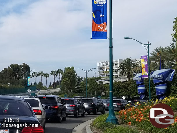 Arriving at a busy Mickey and Friends Parking Structure.  This was 8:25am and traffic was backed up in all lanes.