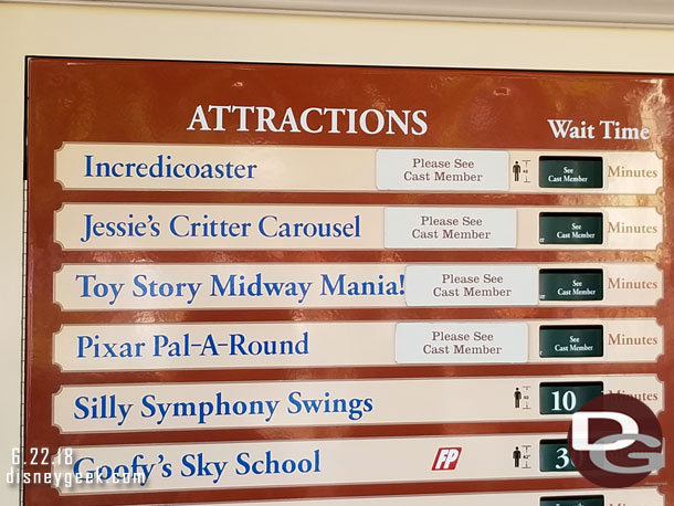 Pixar Pier Attractions are listed.  Note they fixed/replaced the Pixar Pal-A-Round text.