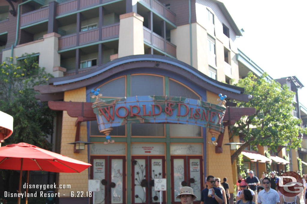 The half of World of Disney closest to the park entrance is now closed for renovation.  The characters are removed from all the signs now.