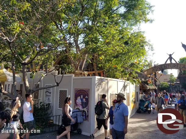 As you enter Adventureland a construction wall is up. Appears they are renovating the Tiki Garden area that is adjacent to the out door Jolly Holiday seating.