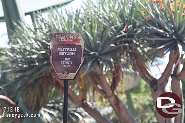 A sign marking the end of the FastPass return for Mission Breakout.