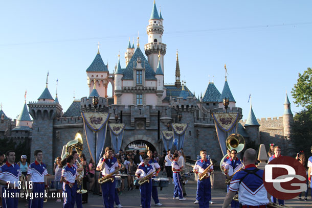 The 2018 Disneyland Resort All-American College Band performing in front of Sleeping Beauty Castle at their 6:45pm set.