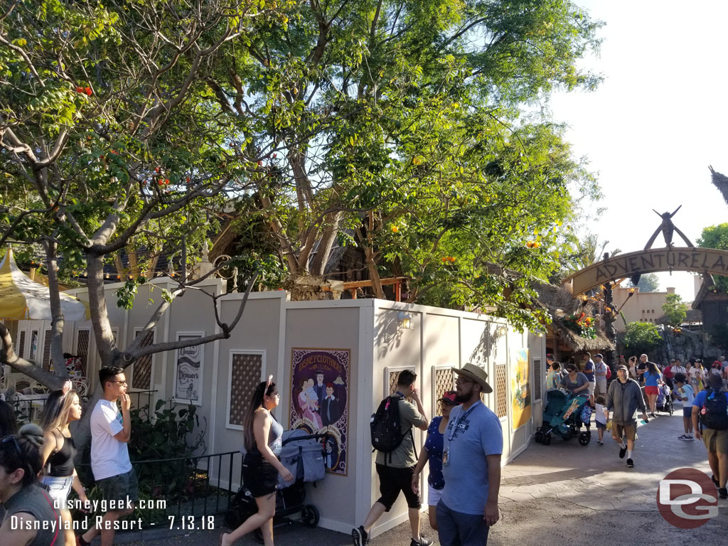 As you enter Adventureland a construction wall is up. Appears they are renovating the Tiki Garden area that is adjacent to the out door Jolly Holiday seating.