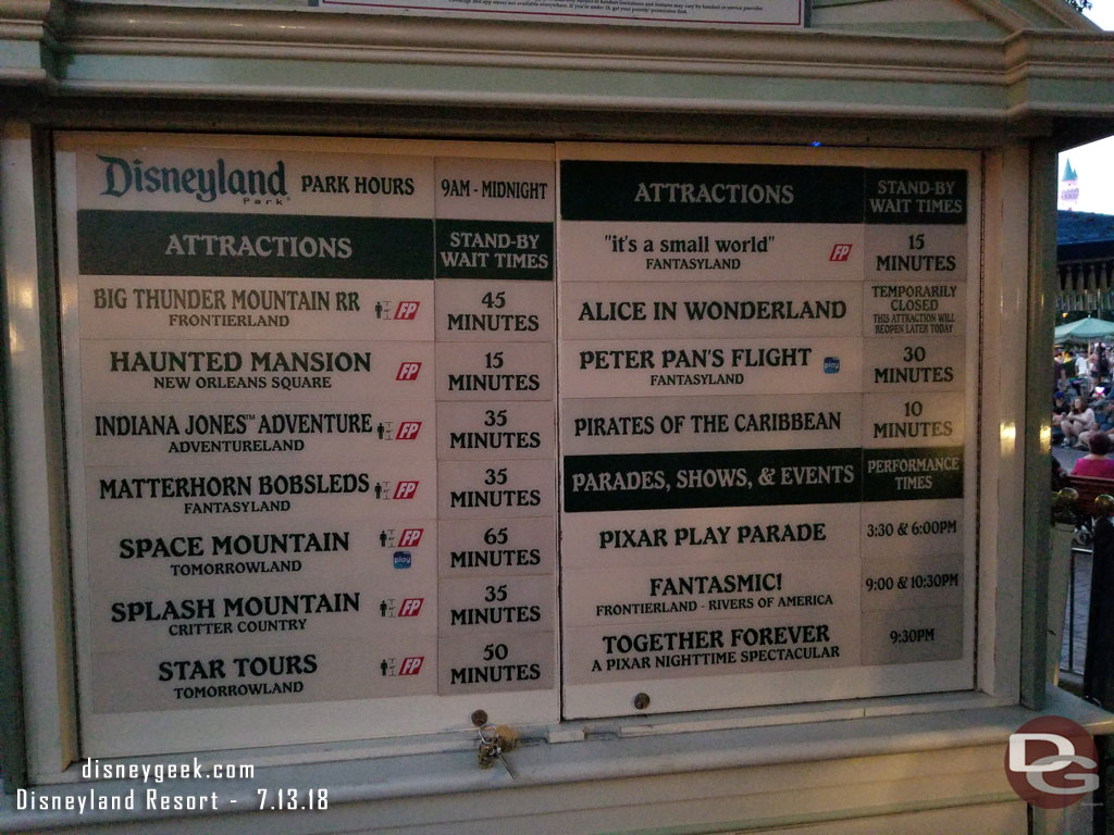 Disneyland wait times at 8:20pm