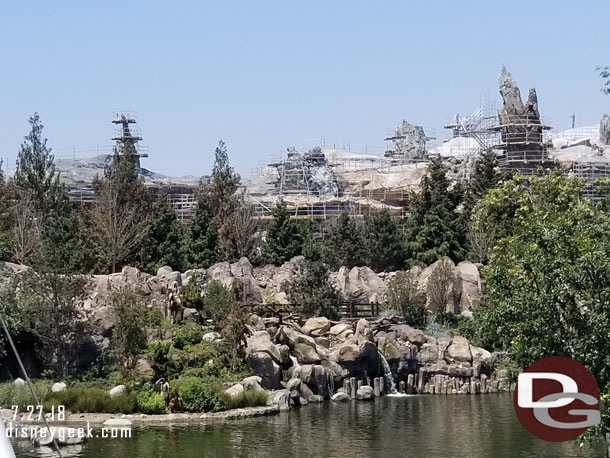 A wide view of the northern shoreline of the Rivers of America.