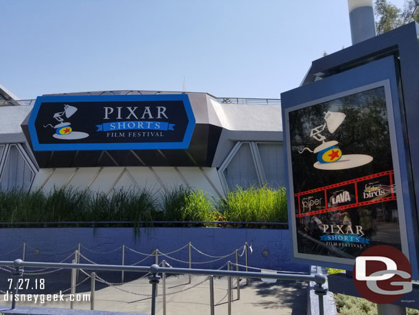 A Pixar Shorts Film Festival has moved into the Tomorrowland Theater for the time being replacing the Ant-Man and the Wasp preview.