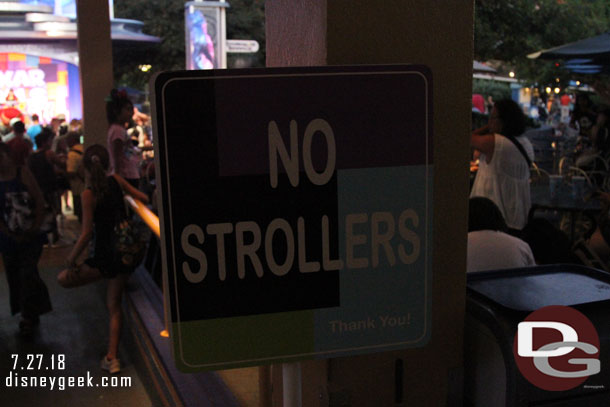 Stopped by the Pixar Pals Dance Party.  Guess there was a stroller issue.. there are large signs at all the entrances now.