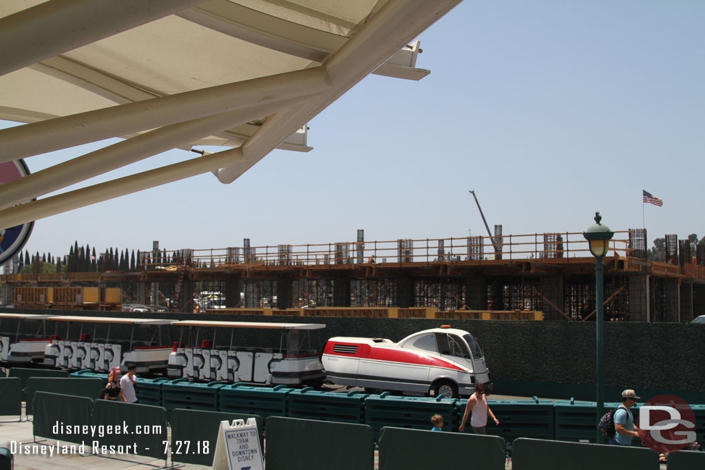 From ground level you can see the height of the second floor compared to a tram.