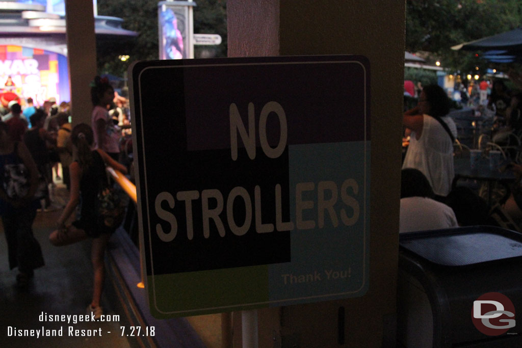 Stopped by the Pixar Pals Dance Party.  Guess there was a stroller issue.. there are large signs at all the entrances now.