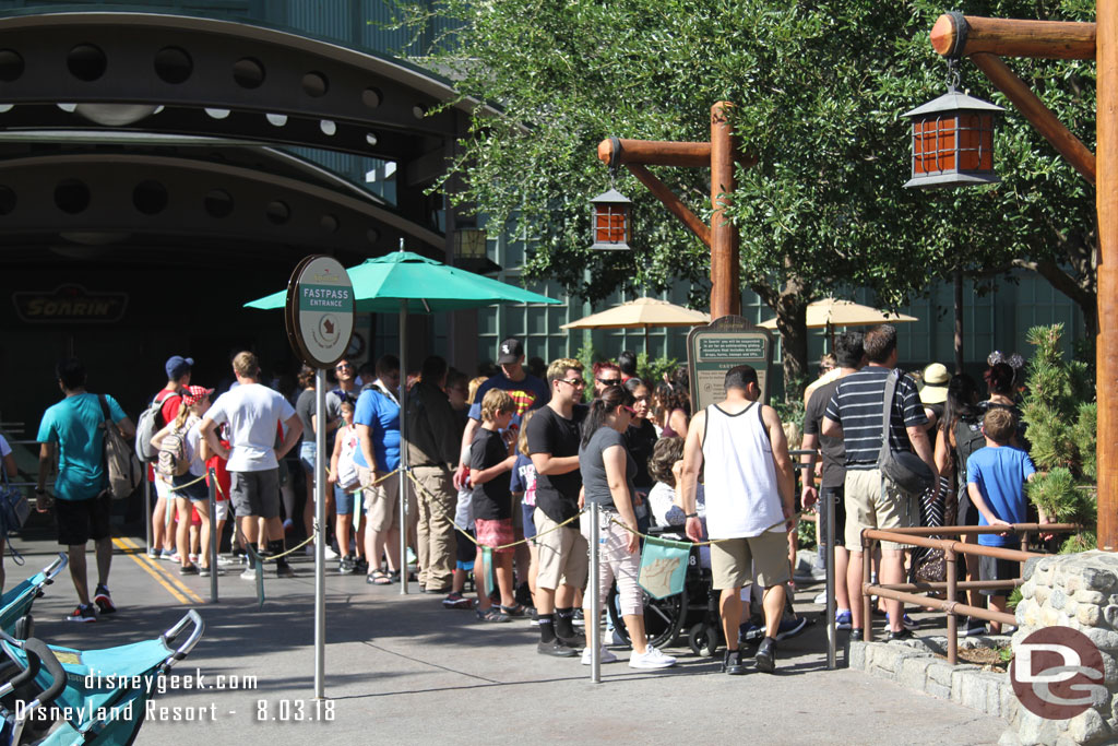 The FastPass return for Soarin was backed up and using switchbacks.  
