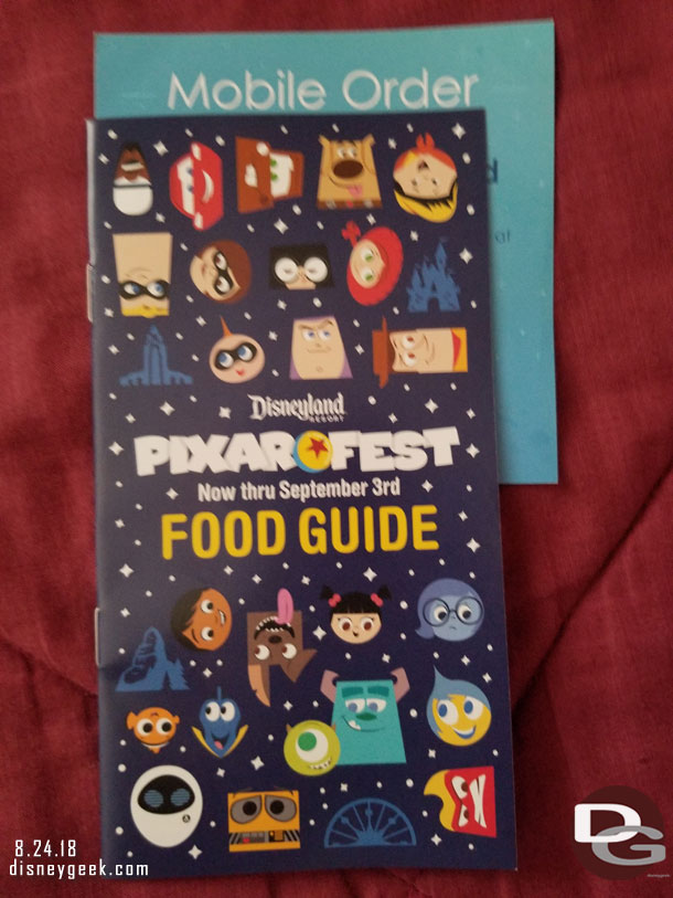 When I ordered dinner this evening they gave me a Pixar Fest food guide and an ad for Mobile order, which I wanted to use but it would not log me in this visit for some reason.