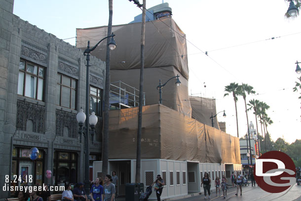 The facade of the Animation Building is under wraps for renovation.