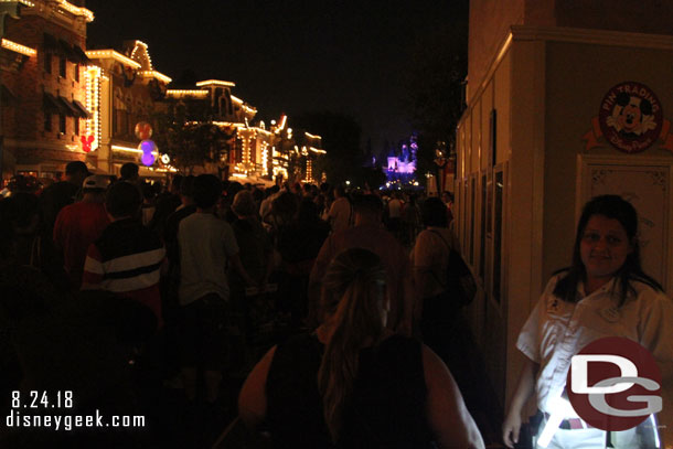 After the parade walked over to Disneyland for Together Forever Fireworks. Since the sidewalk is blocked off the first 5 feet or so of the street was taped off as a walkway.  Reducing the available viewing space.