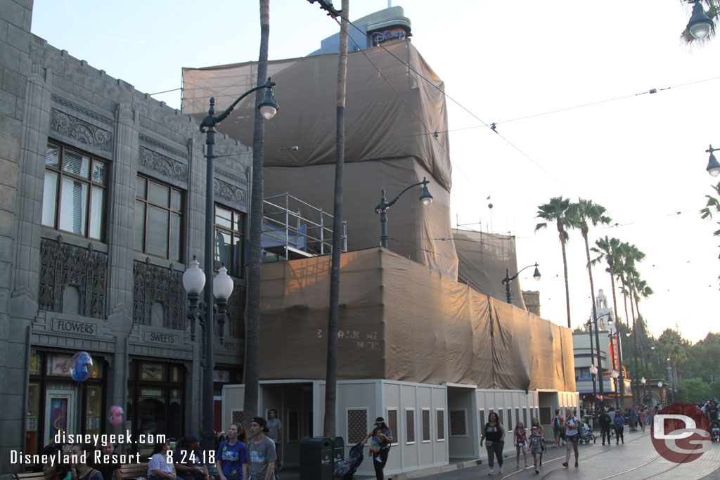 The facade of the Animation Building is under wraps for renovation.