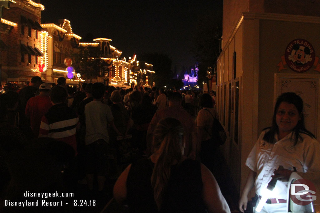 After the parade walked over to Disneyland for Together Forever Fireworks. Since the sidewalk is blocked off the first 5 feet or so of the street was taped off as a walkway.  Reducing the available viewing space.