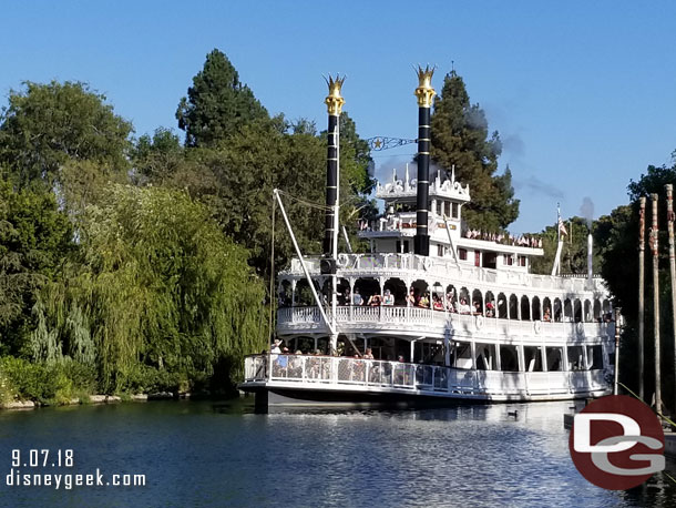 The Mark Twain Riverboat rounding the bend on the Rivers of America - note no one on the top deck.