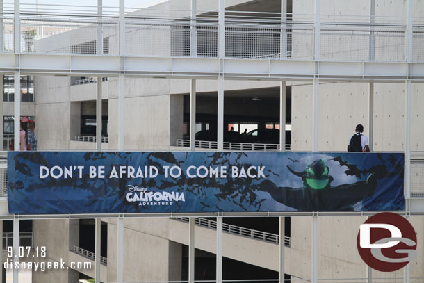 The exit banner at the Mickey and Friends Parking structure for Halloween Time 2018.  Interesting it only features Disney California Adventure.