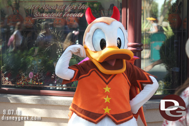 Donald on Buena Vista Street in his Halloween costume.