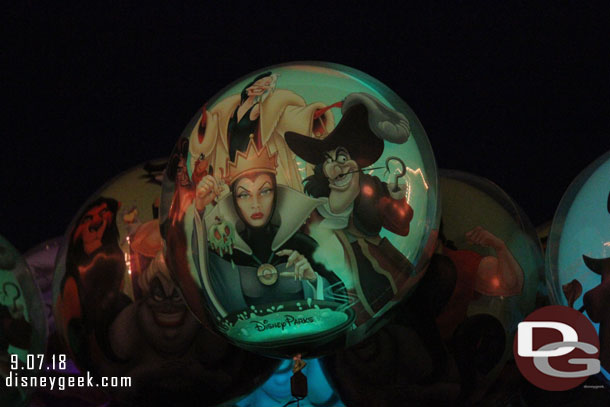 The Villain balloons light up at night.