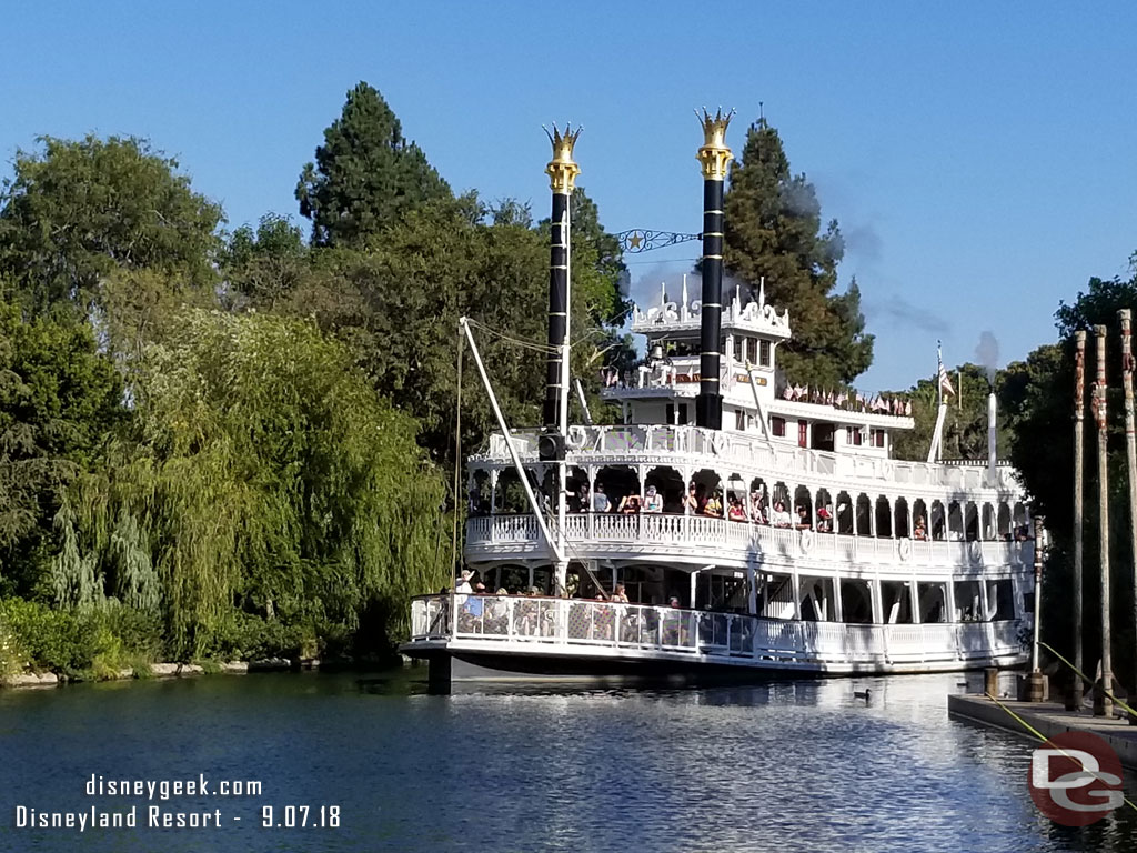 The Mark Twain Riverboat rounding the bend on the Rivers of America - note no one on the top deck.