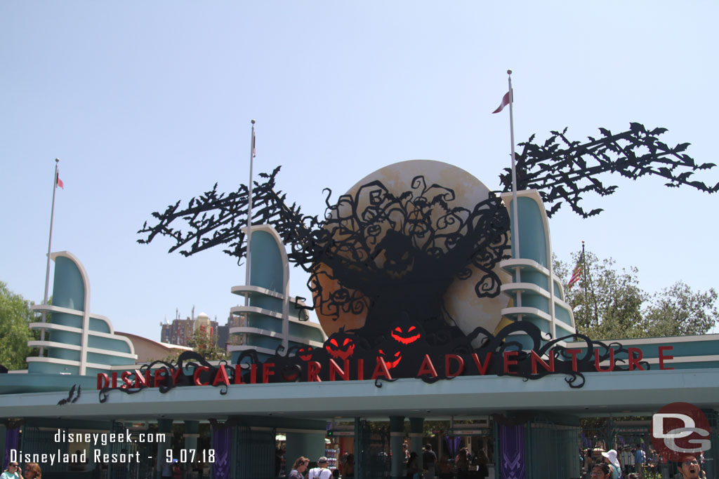 First stop today Disney California Adventure.  The Halloween Time entrance decorations are the same as last year.  