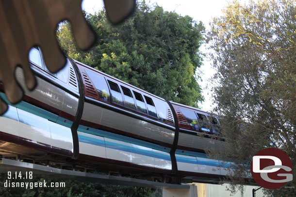 Monorail red being brought out onto the track.  The temperatures have cooled down so they were preparing to open the Monorails back up.