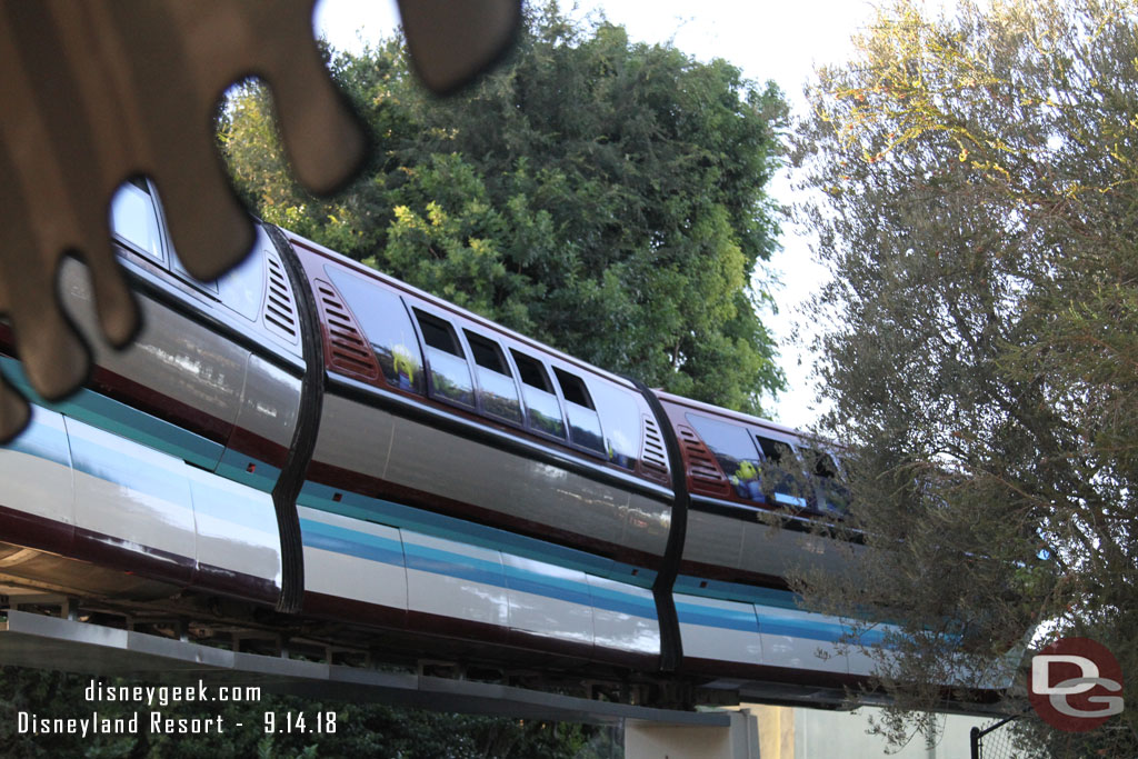 Monorail red being brought out onto the track.  The temperatures have cooled down so they were preparing to open the Monorails back up.