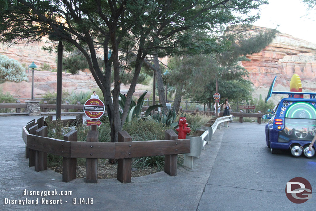 Signs for the Radiator Springs Racers Fast Pass distribution that happens here.  FastPasses for the attraction are still gone early in the day most days.