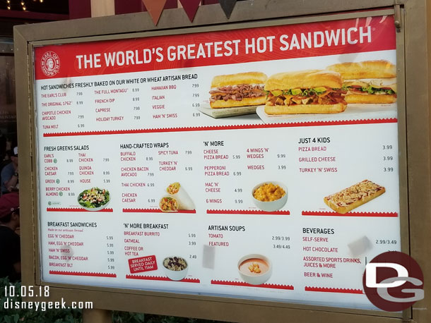 Current pricing at Earl of Sandwich 