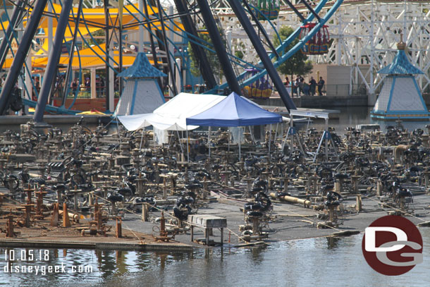 The new lines are coiled by the fountains but not installed yet on the center platform.