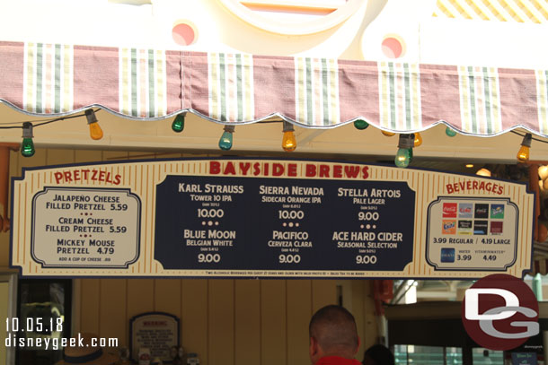 Snack prices are also up.  Here at Bayside Brews the pretzels are up 20 cents.  Beers 75 cents to a dollar.  Softdrinks 40 cents regular and 20 cents on the large, 50 cents for water.