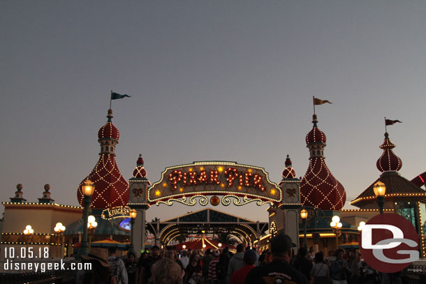 No signs of the lamp arriving on the entrance arch to Pixar Pier yet.