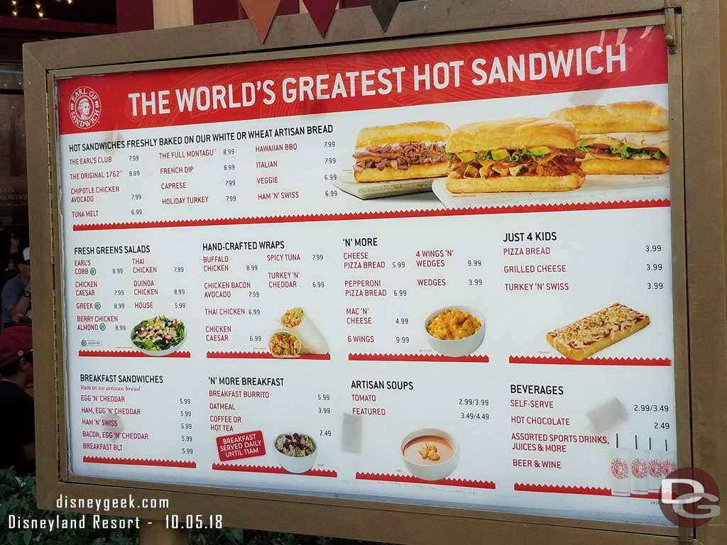 Current pricing at Earl of Sandwich 