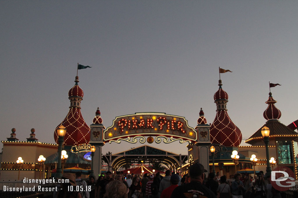 No signs of the lamp arriving on the entrance arch to Pixar Pier yet.