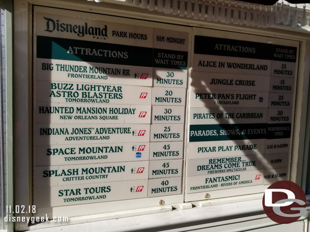 Disneyland wait times at 3:10pm, a mild afternoon with the longest wait at 45 minutes.