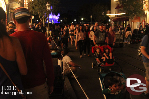 Most of the curb seating was gone.  Many guests waiting around for the fireworks in an hour.  Others just resting.